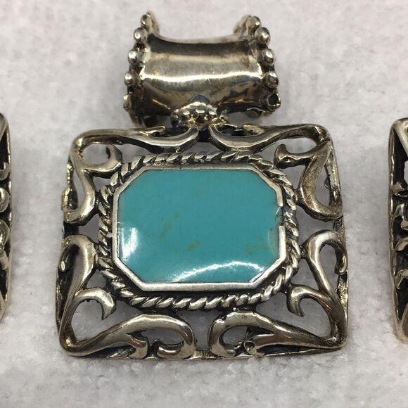 Sterling Silver 925 Mexico Chunky Faux Turquoise Dyed Howlite Pendant & Earrings - Picture 2 of 16